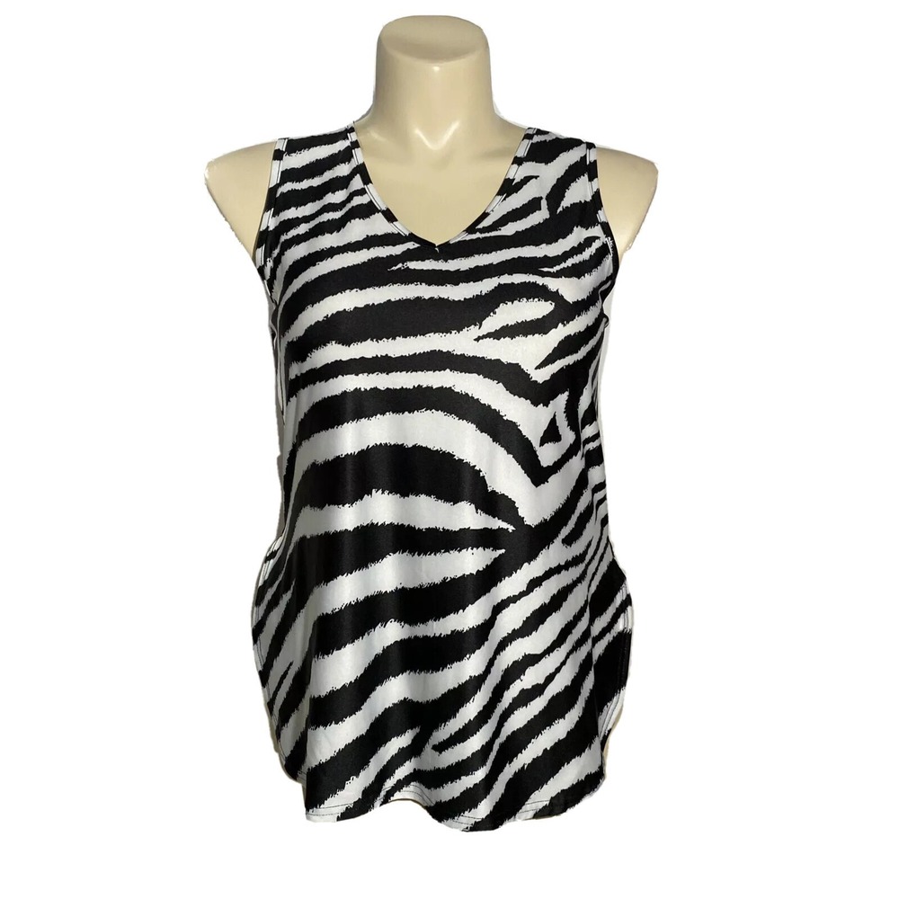 LOVEU DEAR Top LARGE White Black Animal Stripe Satin Tank U Hem Casual Career